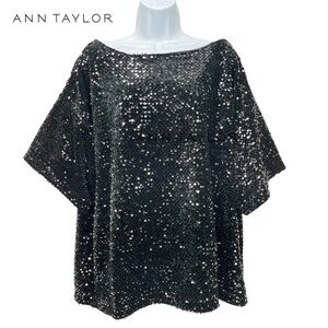 Ann Taylor Women XXL Black Sequin & Velvet Short Sleeve Boatneck Top Blouse